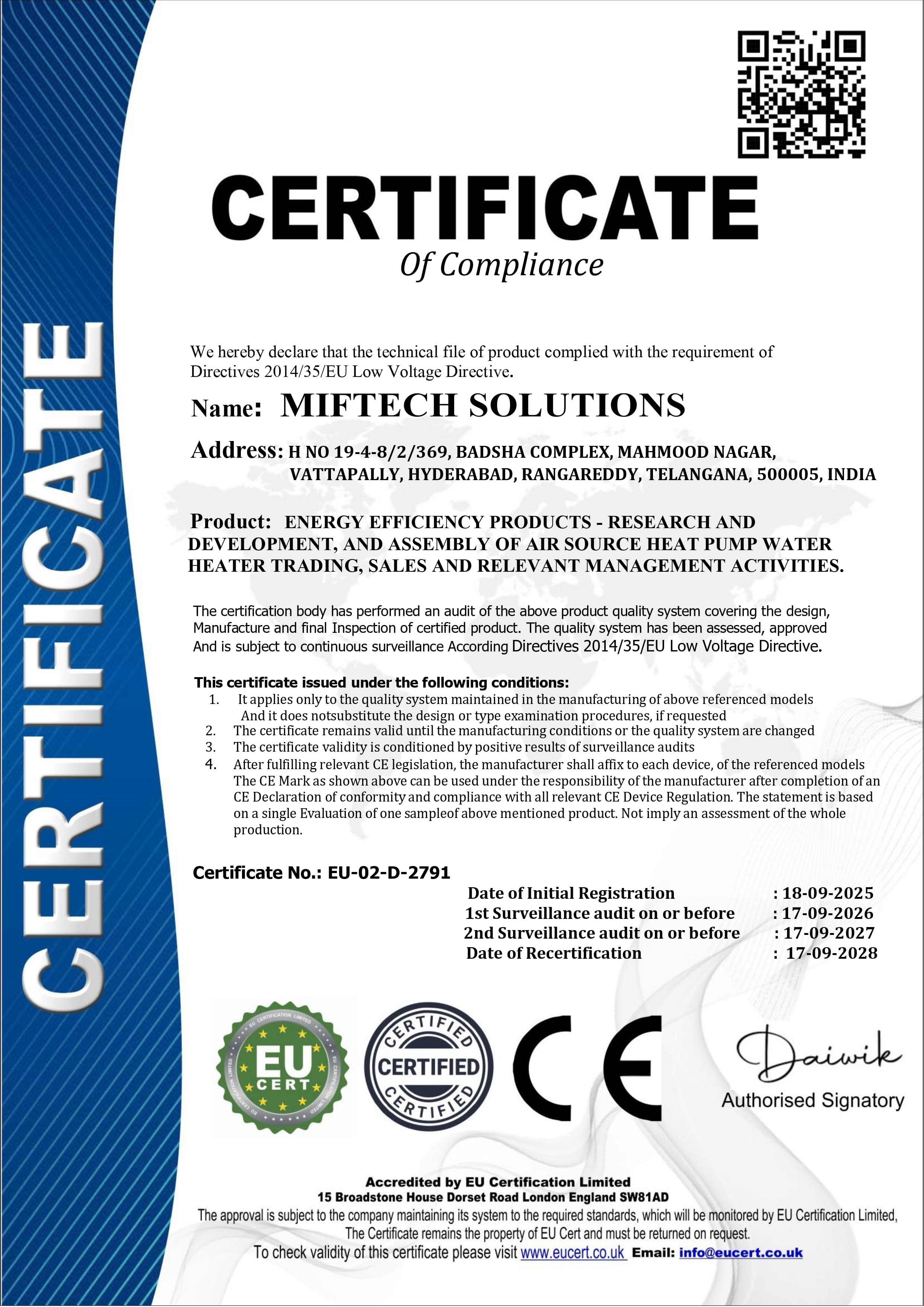 Compliance Certificate Issued to MifTech Solutions