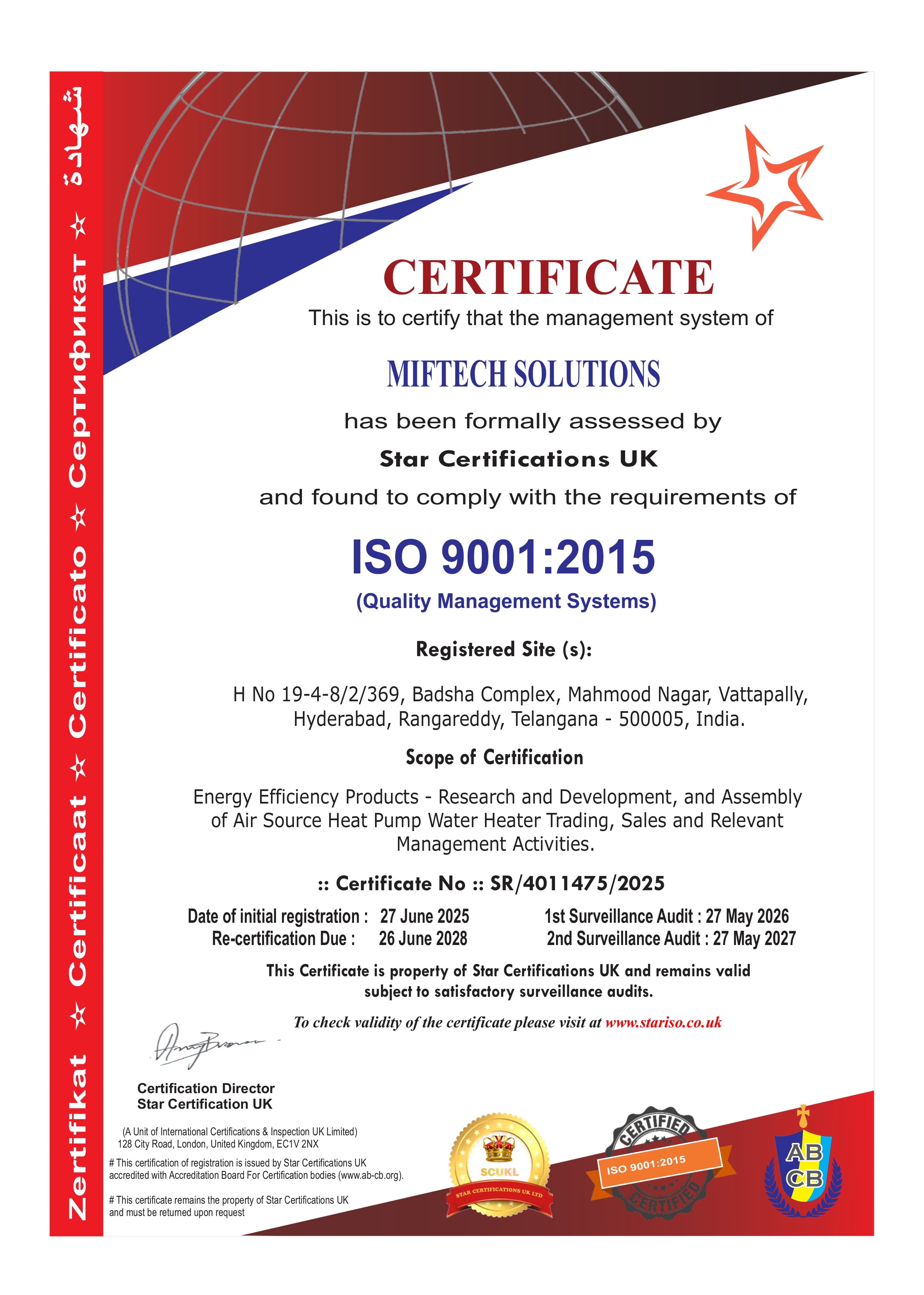 Quality Management System Certificate Issued to MifTech Solutions