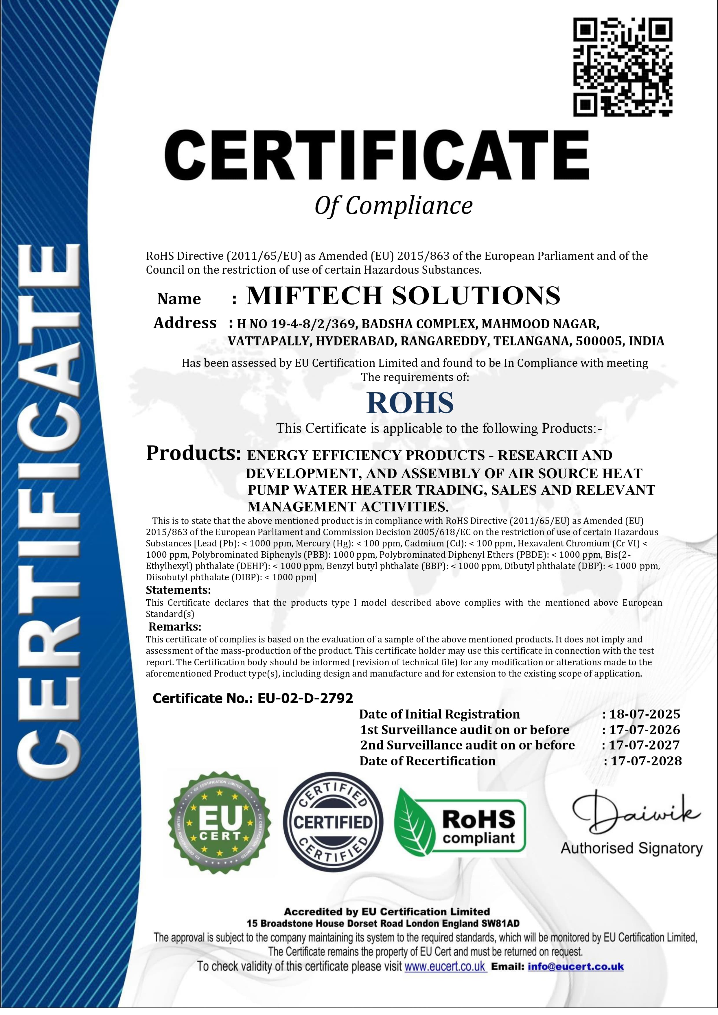 Compliance Certificate By RoHS Compliant Issued to MifTech Solutions